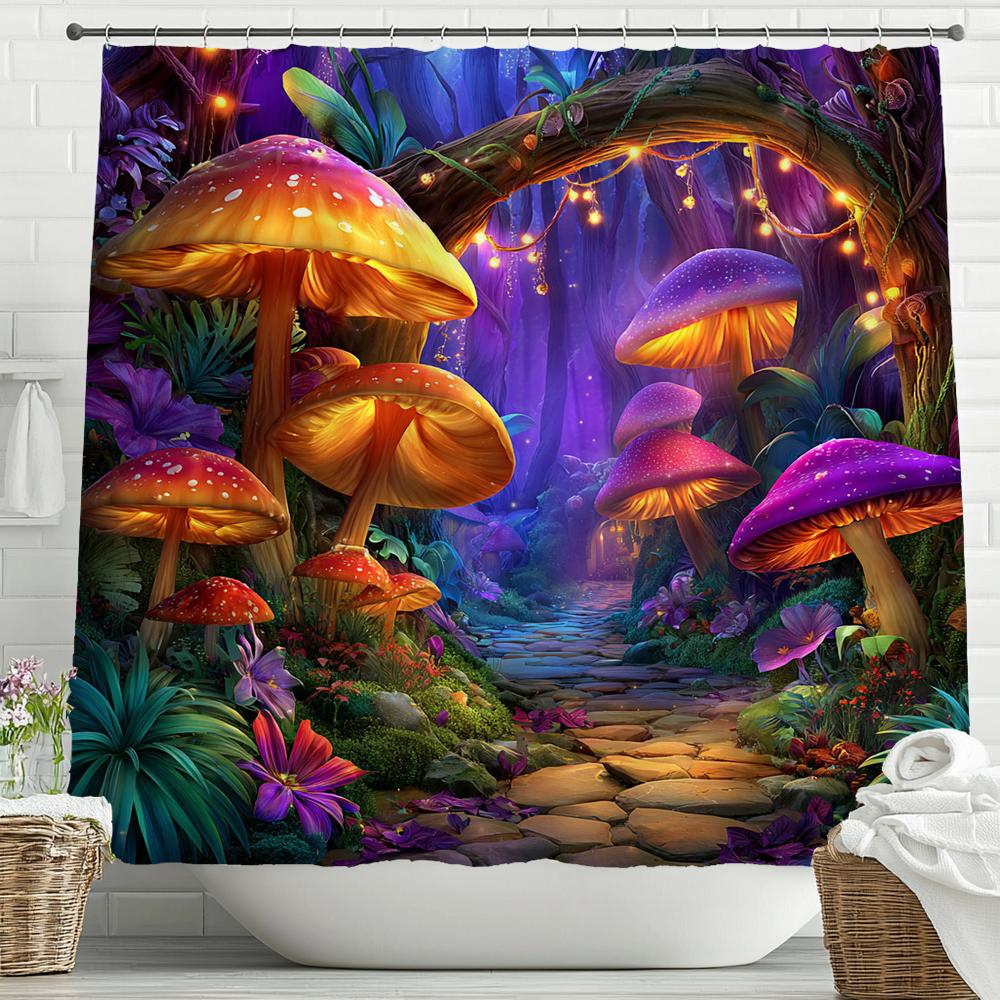 Fairy Tale Forest, Mushroom House Shower Curtain, Bathroom Decorative Shower Curtain, Waterproof Shower Curtain with Hooks