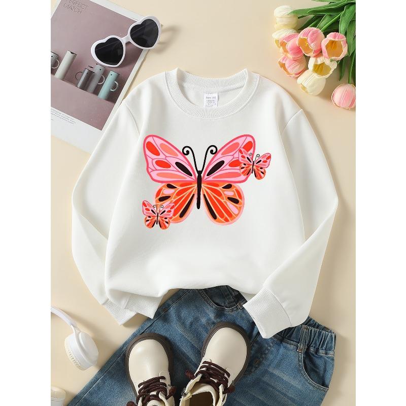European sizes Girls Soft Crewneck Sweatshirt Pink Orange Butterfly Print Pattern, Casual All-Match for Fall Winter, Ideal Present.