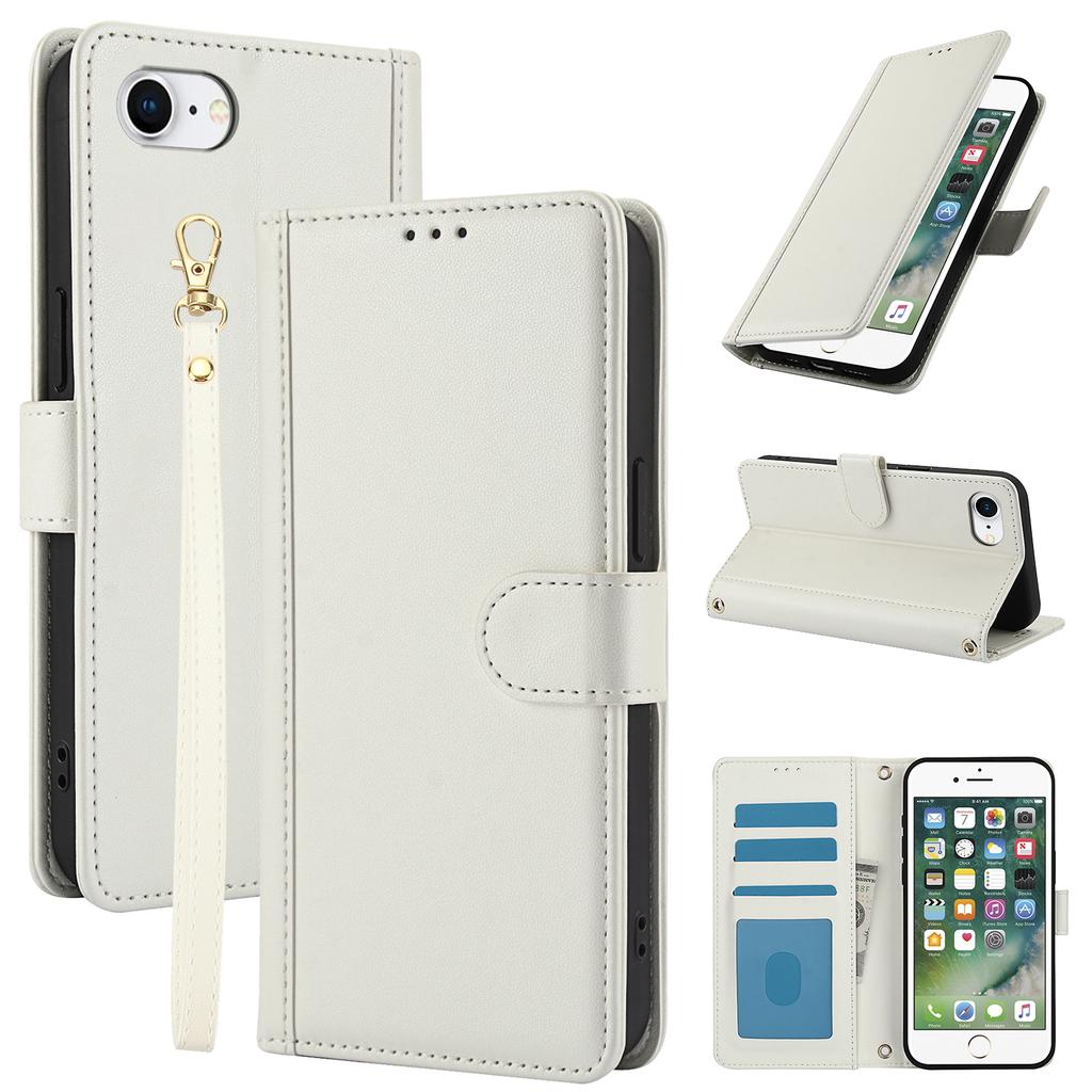 SY-003 For iPhone 16e Case PU Leather Stand View Phone Wallet Cover with Hand Strap