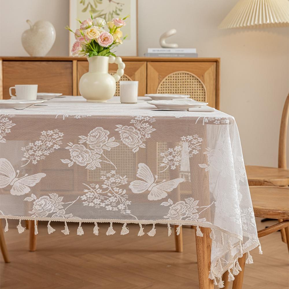 

Translucent Table Cover Embroidered Table Decor Cloth White Lace Tablecloth Table Decorations 140*220CM