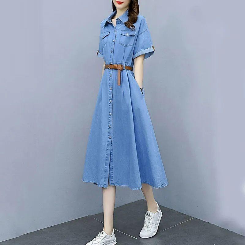 2024 Summer Korean Style Retro Ice Silk Denim A-Line Dress