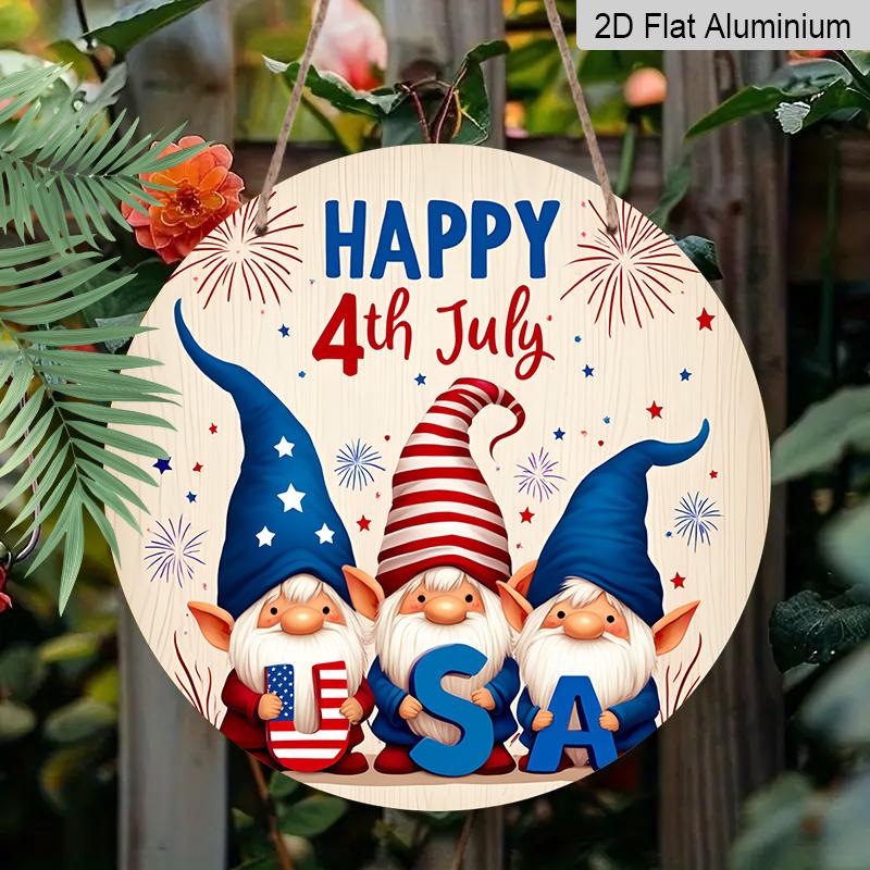 Patriotic Wall Decor, Vintage Independence Day Hanging Decor with Happy 4th of July, American Flag Gnomes, Fireworks & Stars - Lightweight Durable