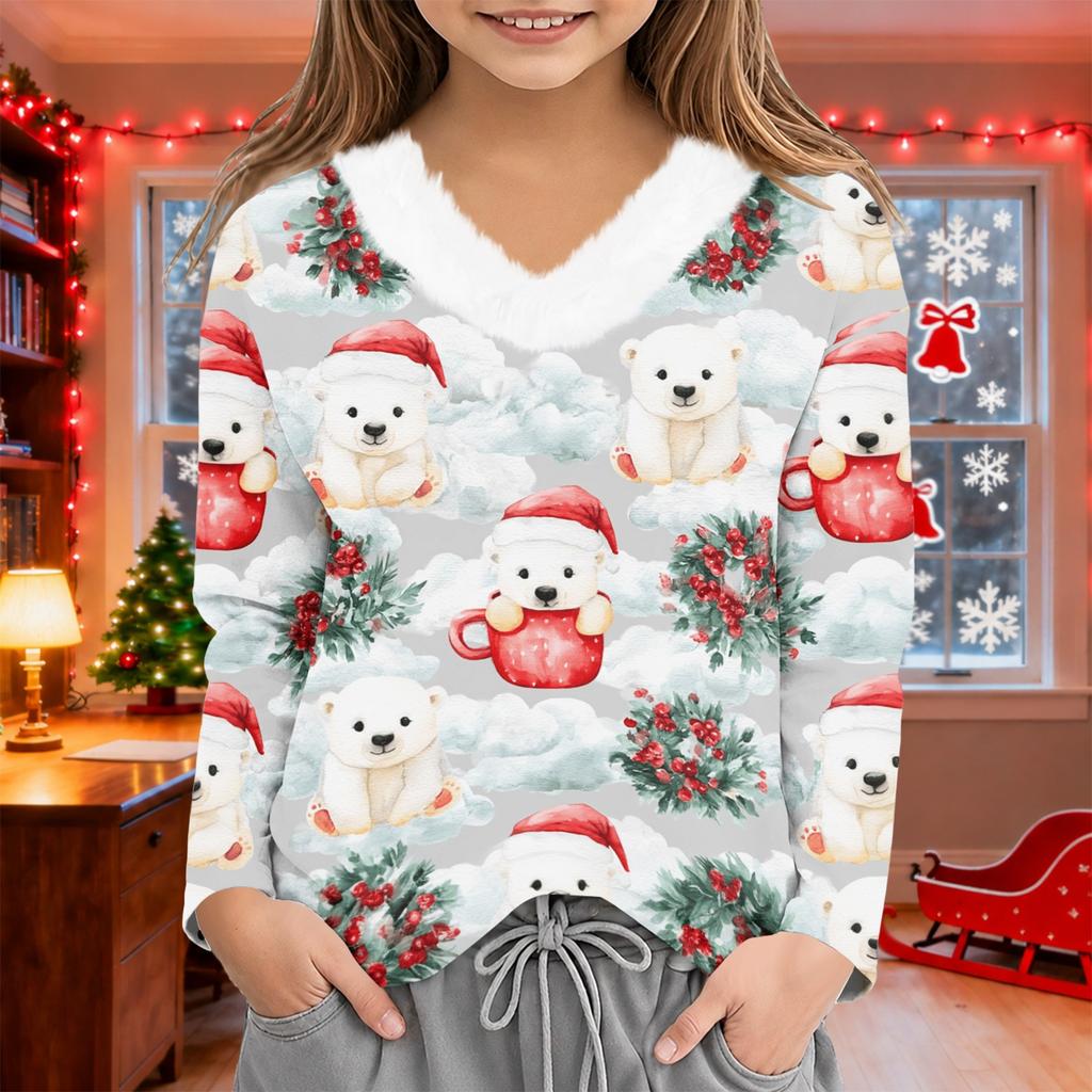 Girls' V-Neck Christmas Print Pullover Top for Winter Casual Wear