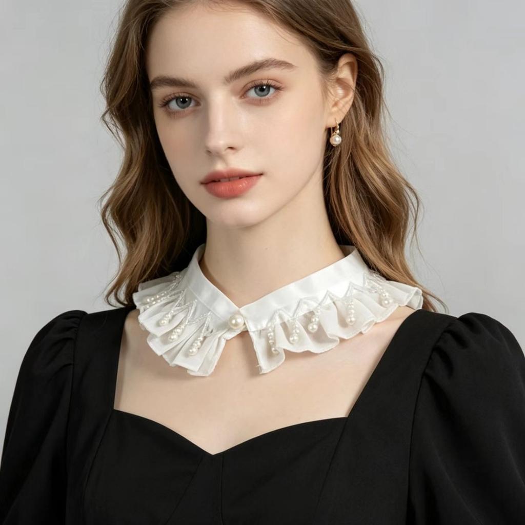 Vintage Ruffled Pearl Detachable Fake Collar Choker Elegant Lace Neck Collar For Dress Shirt Wedding Party Cosplay Decor