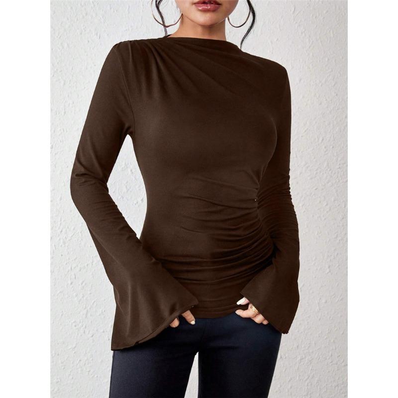 Herbst Neues Vielseitiges Raffdesign Glockenärmel Stehkragen Schlanke Passform Damen-T-Shirt
