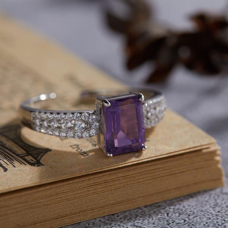 S925 Sterling Silver Inlaid Natural Amethyst Colored Treasure Ring Female Xiaohongshu Sugar Cube Design Ring