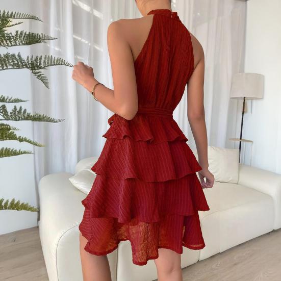 Women Halter Sleeveless Dress Ruffle Layered Swing Dress Loose Lightweight Elegant Solid Color