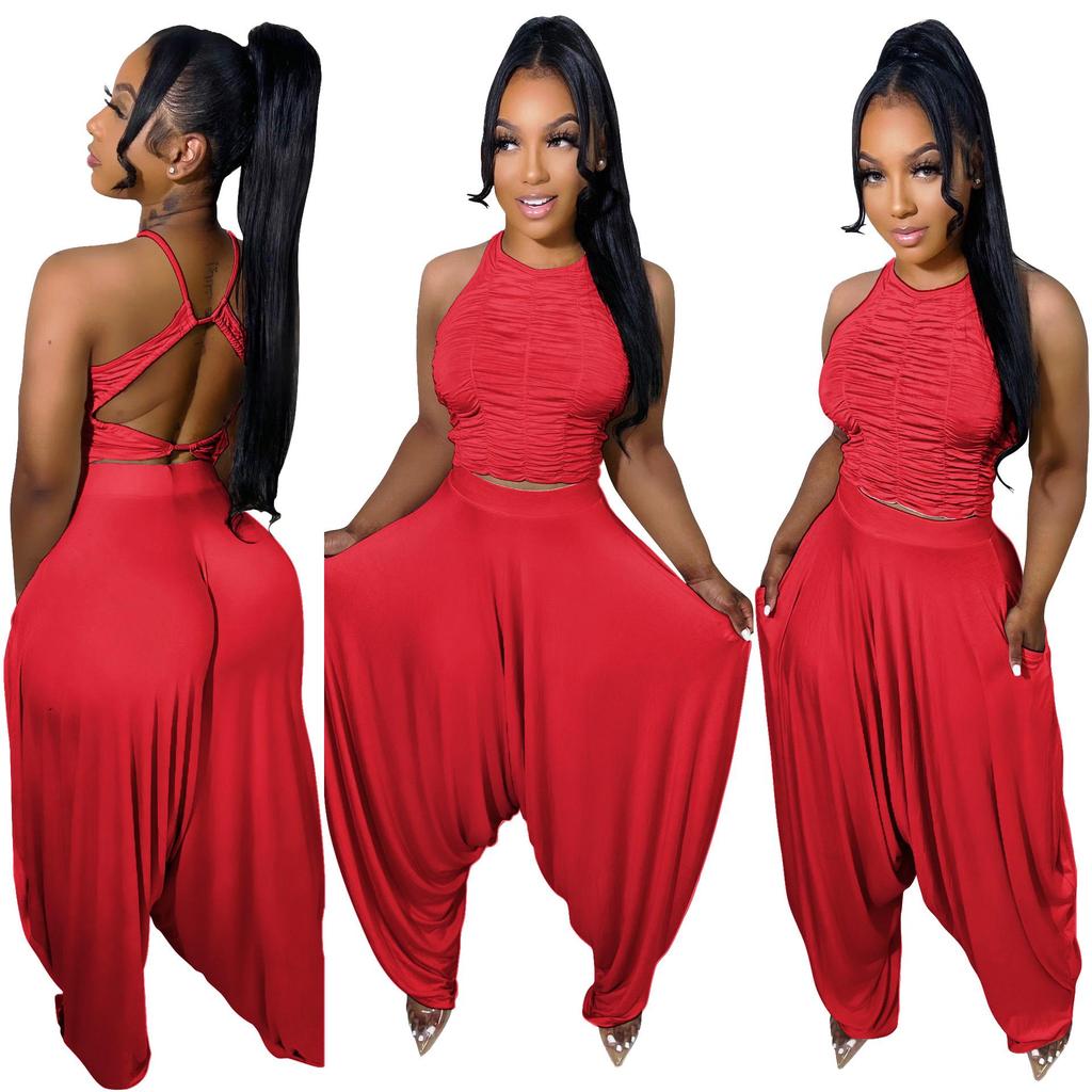 Pleated Sleeveless Wide-Leg Pants Two-Piece Set - European & American Style Women's Summer Outfit