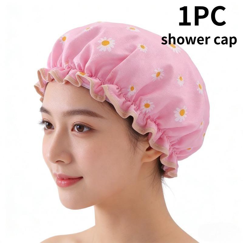 1pc Double Layer Shower Caps,Adjustable Printed Daisy Bonnet,Band Hair Hat for Women Ladies,Four Colors To Choose from