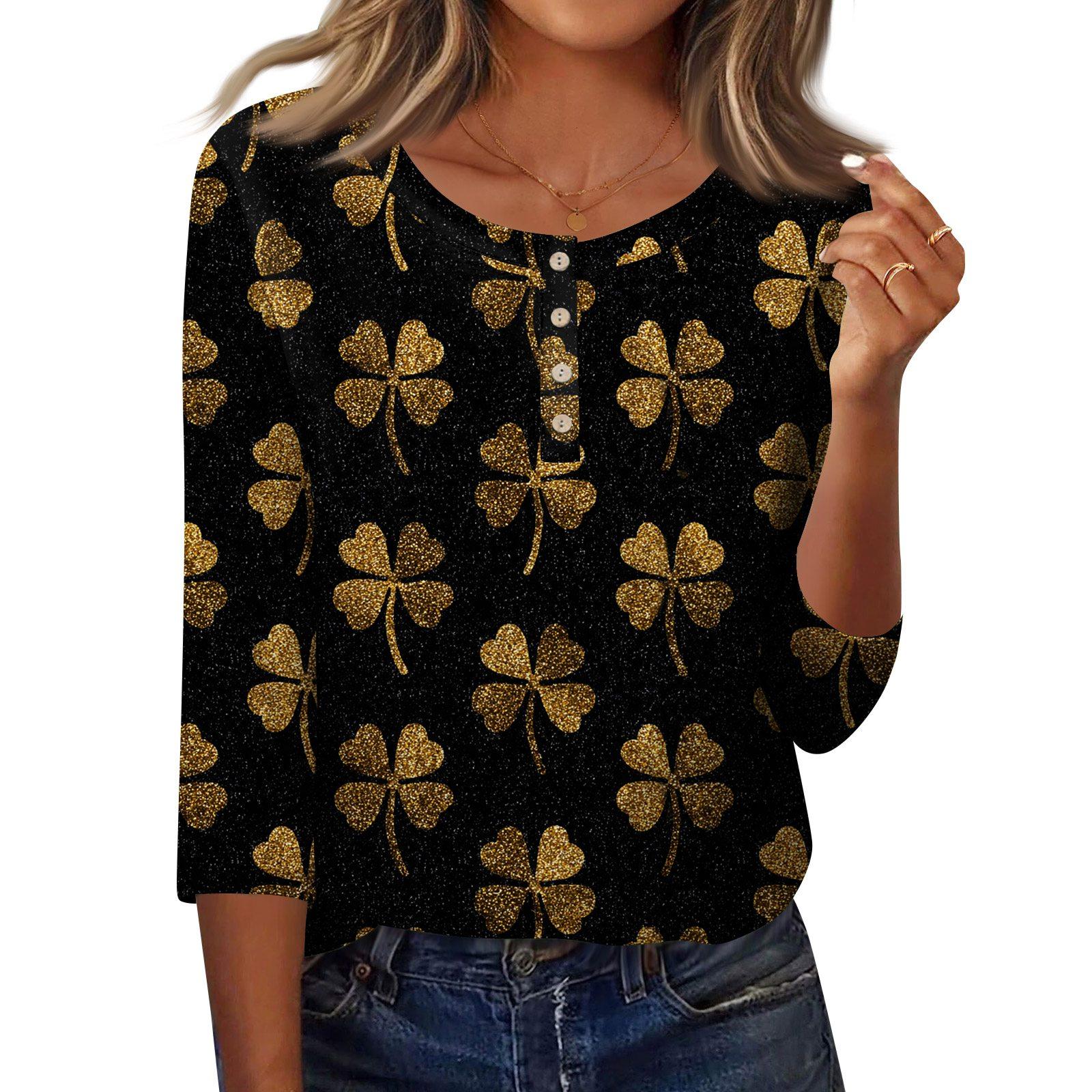 

3/4 Sleeves Shirts For Women Button Down Shirt Top For Women Half Button Down Print Graphic Blouse L чёрный