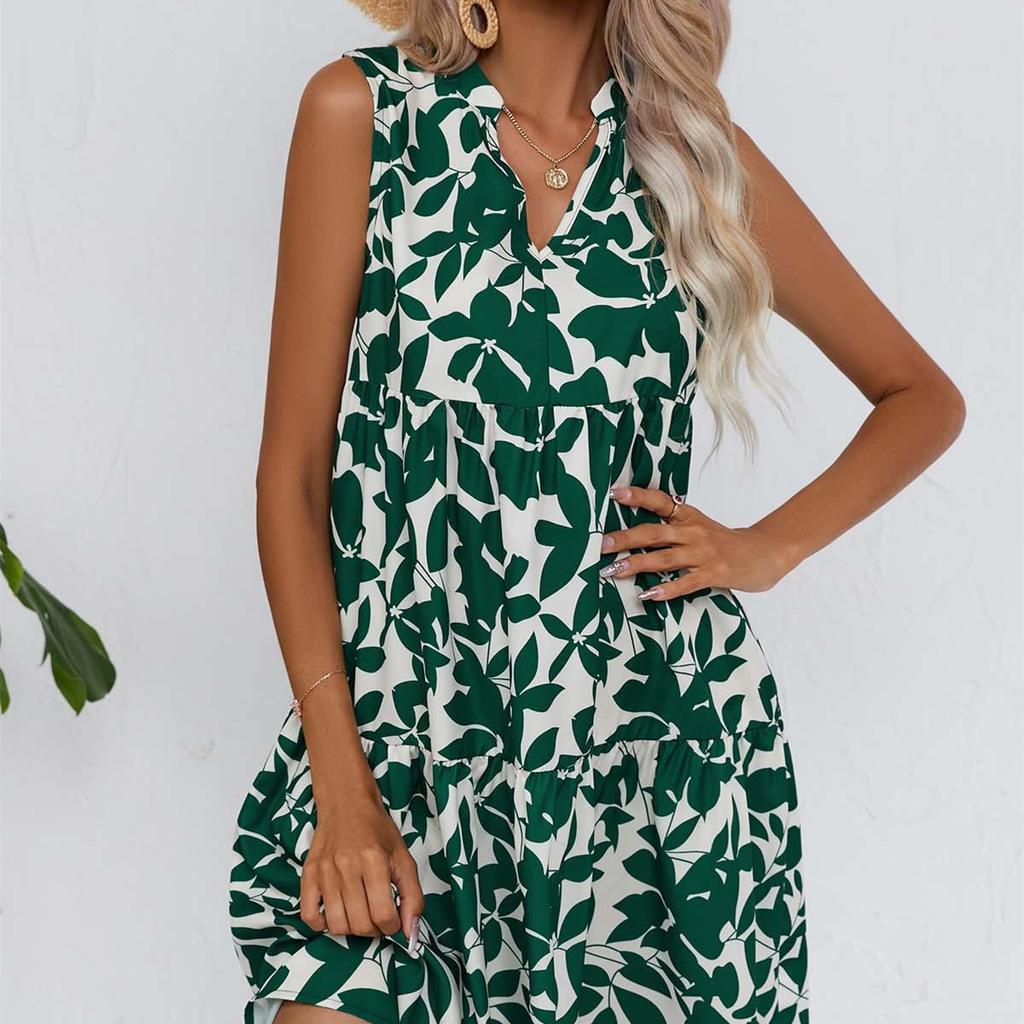 QICED Damenmode, Sommer, Frühling, Blumendruck, ärmellos, V-Ausschnitt, Freizeitkleider