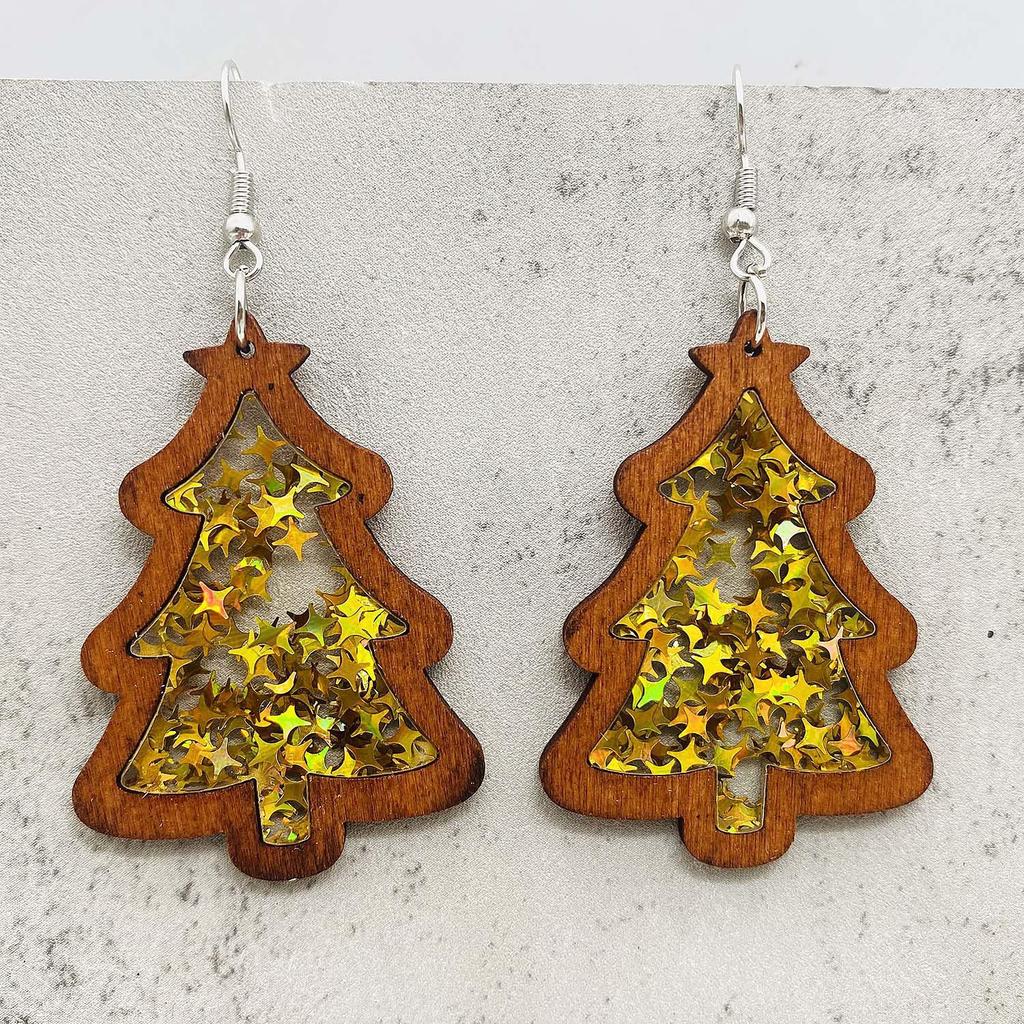Christmas Tree Wooden Earrings with Acrylic Sequins - Festive Holiday Jewelry