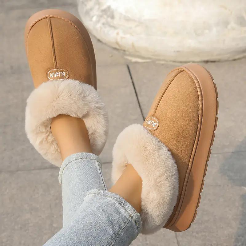 Women's Platform Boots Winter Fur Chunky Shoes Ankle Warm Plush House Fluffy Footwear Plush Lined Slip On EVA Sole Slippers New