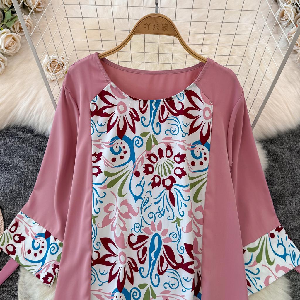 Podzimní Vintage Dámské Tištěné Patchworkové Dlouhé Šaty Elegantní O-Výstřih Vysoký Pas A-Linie Ležérní Maxi Šaty Dámské Sváteční Šaty