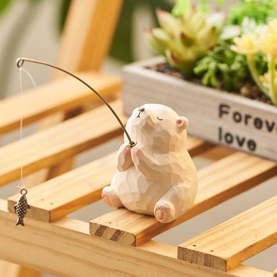 Bear Fishing Figurine Resin Animal Fishing Ornament Aquarium Car Dashboard Decoration Stress Relief Desk Office Decor