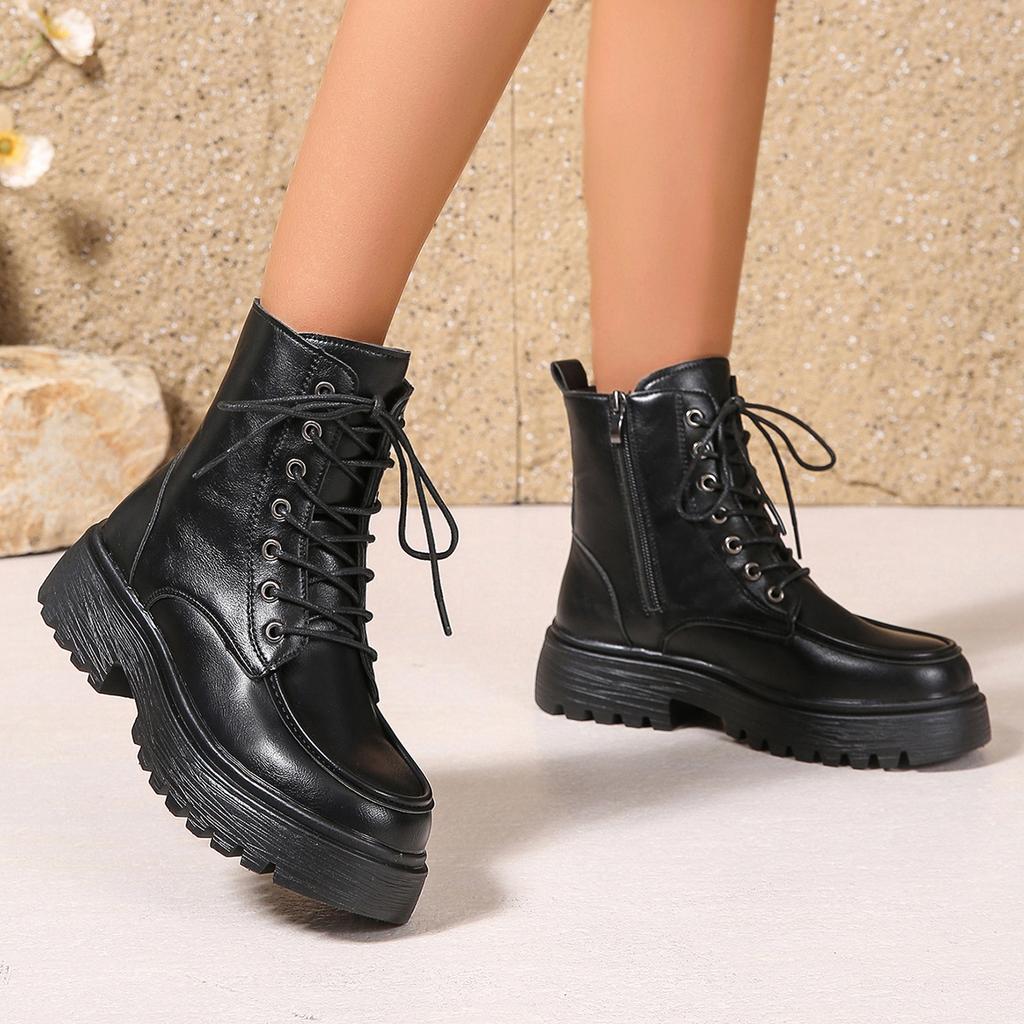 Fashion 2025Summer Autumn Women Ankle Boots Classic Beige Black Leather Gothic Punk Shoes Mid Heels Short Combact Boots Platform Shoes