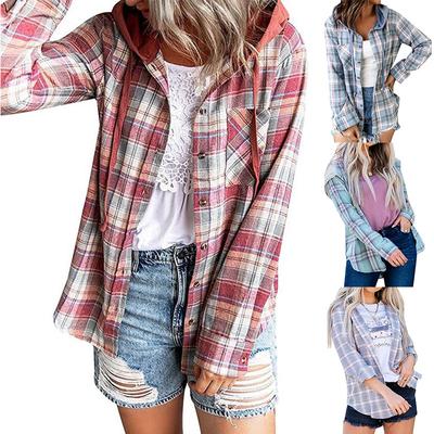 Camisas a cuadros con capucha para mujer, sudadera con capucha de cuadros escoceses informal con botones, chaqueta, blusa, sudadera holgada de manga larga, abrigo