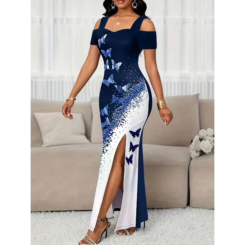 New Arrival Women's Elegant Butterfly Print Off Shoulder Slit Long Maxi Dress, Fashion European American Style Casual Party Dress