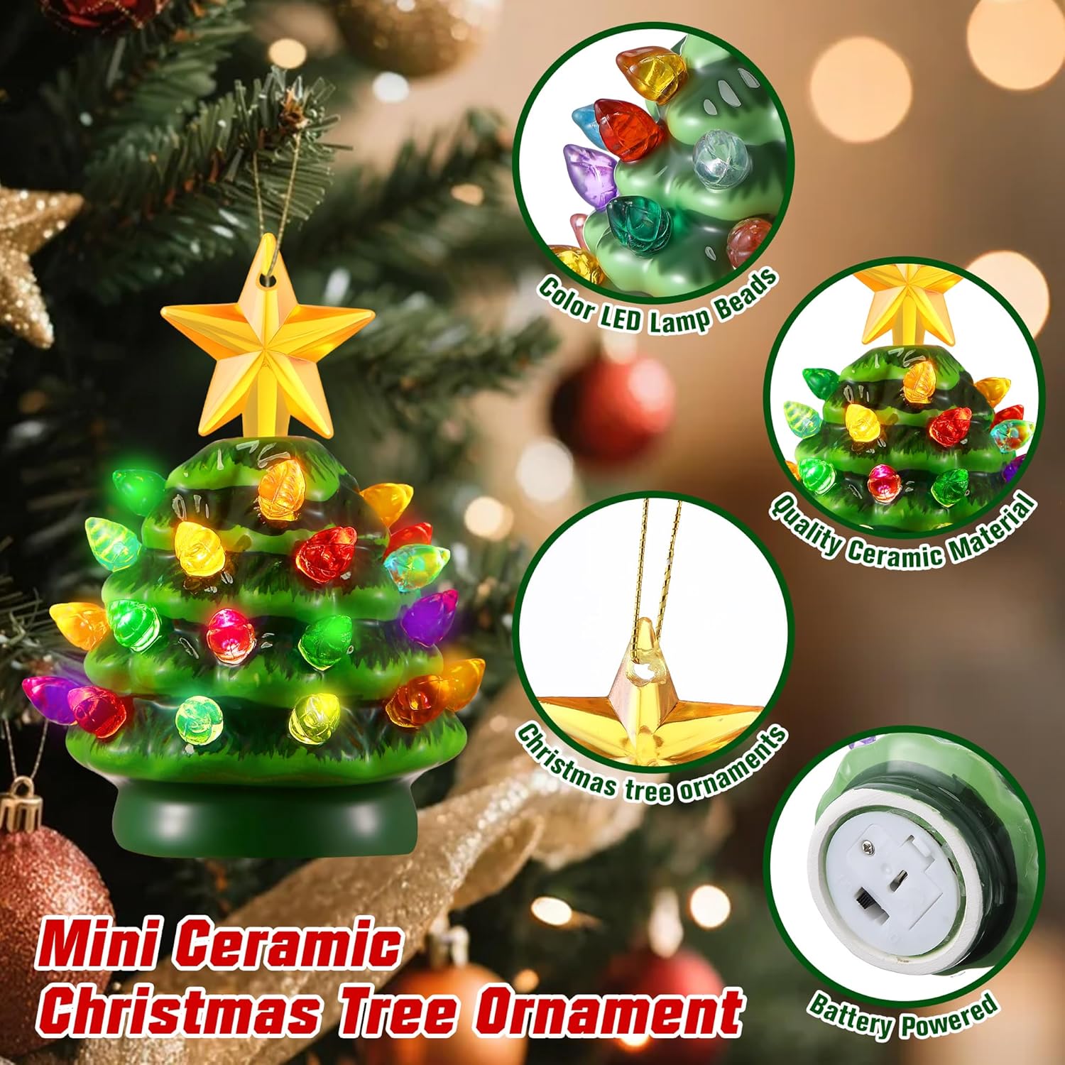 

Mini LED Ceramic Christmas Tree, 3.5 Green Vintage Ornament with Lights & Stars for Tabletop or Mantel Decor 0.6M