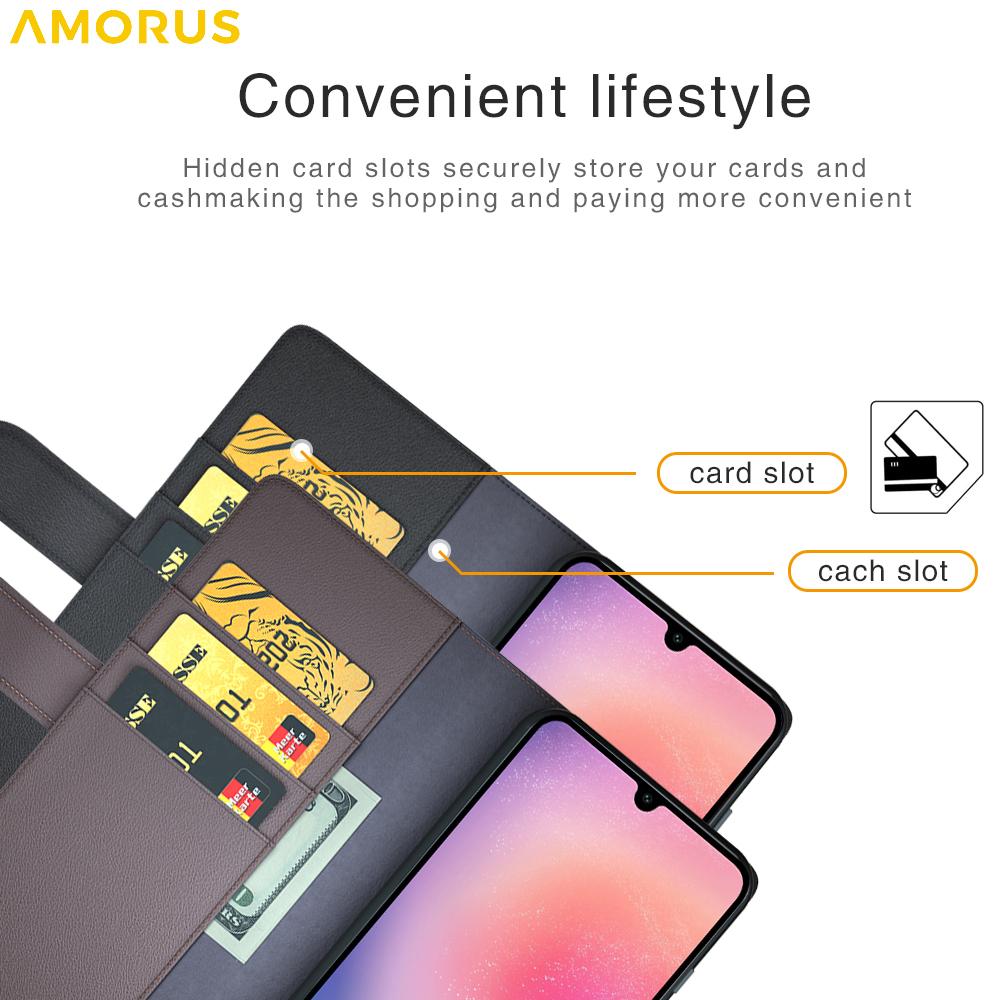 AMORUS For Samsung Galaxy A16 5G/4G Stand Cases Calf Texture Genuine Split Leather Wallet Phone Cover