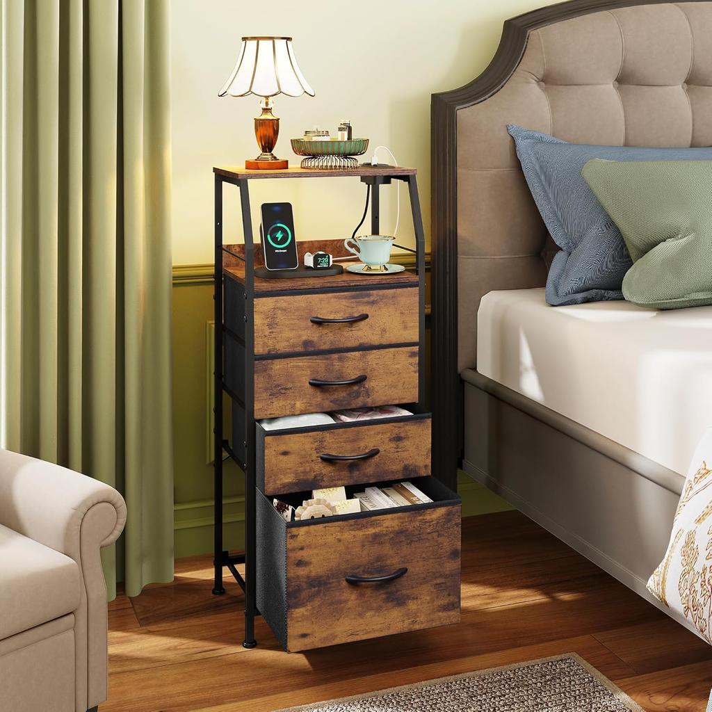 4-Drawer Dresser, 37' Tall Nightstand with Charging Station, LED Light, USB & Outlet, Fabric Bins, Wood Shelf, Rustic Brown