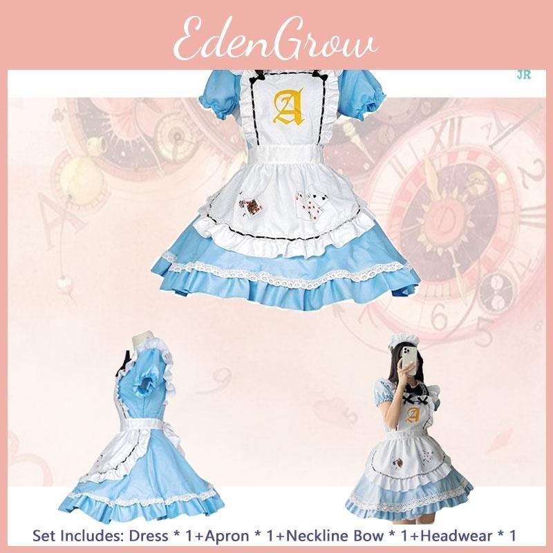 In Alice Wonderland Maid Dress Set Cosplay Costume Playing Card Pattern Fan Girl