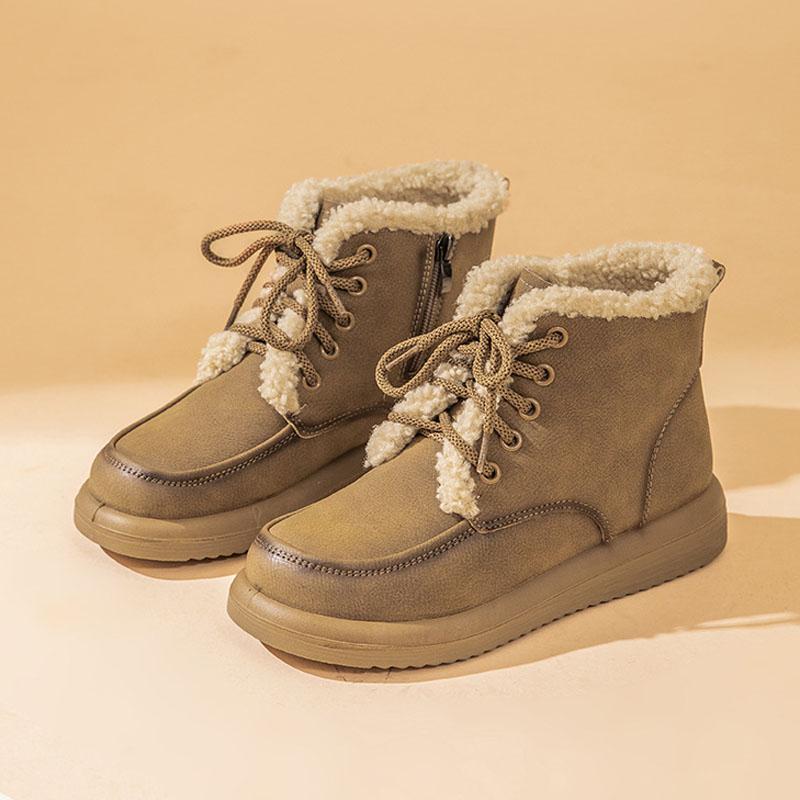 Women Snow Boots Genuine Leather Winter Boots Lace-up Lamb Wool Warm Winter Ladies Shoes Round Toe Flat Short Boots WSH5243