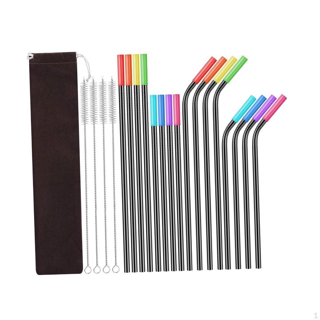 16 Pieces Metal Straws, Colorful Travel with Cleaning Brush Stainless Steel Straw Set Reusable