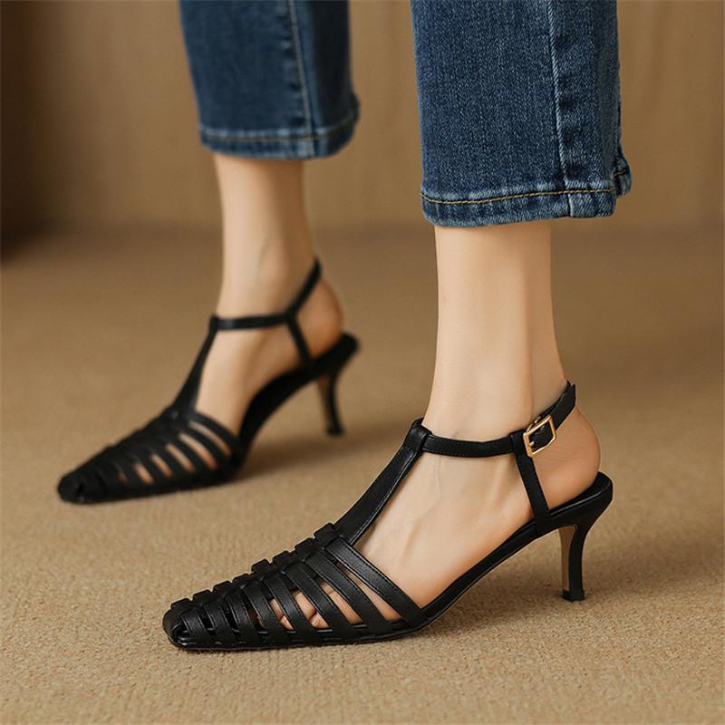 Mode Neue Sommersandalen Spaltledersandalen für Damen Mode Eckige Zehenpartie Hohe Absätze Zehenbedeckende Sandalen Damenschuhe Gladiatorenschuhe