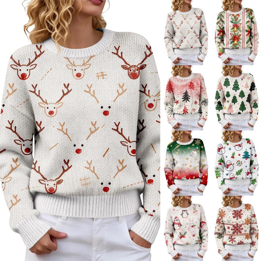 Women's Christmas Print Crewneck Long Sleeve Sweater for Fall Winter Casual Wear