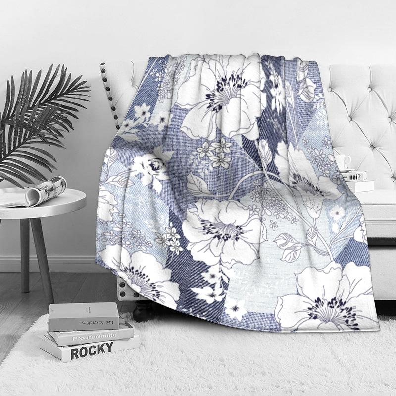 Blue Floral Embroidered Blanket Throw Soft Fleece Bedding Sofa Cover for Women Girls Gift
