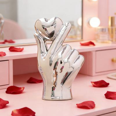 Love Gesture Single Hand Statue Ceramic Heart Hand Sculpture Golden Silver Table Ornament for Living Room Bedroom Bookshelf Desktop Decor