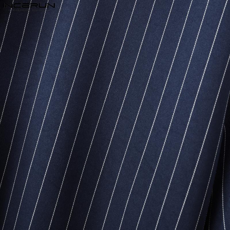 INCERUN 2PCS Men Tie Up Neck Short Sleeve Shirt Long Straight Pants Striped Sets