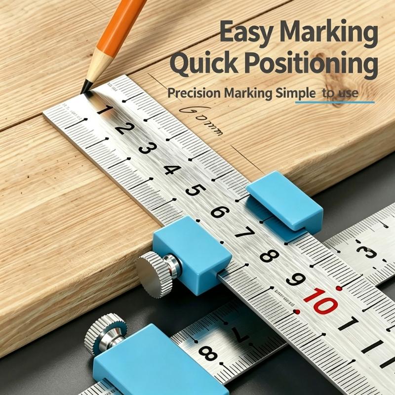 Woodworking Ruler Marking Guide with Thumb Lock Block and Steel Ruler for Repeat Line Layout and Furniture Drafting