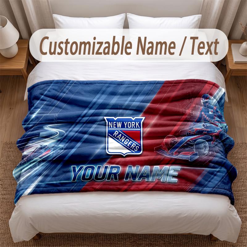 New York Rangers Printed Flannel Blanket Custom Name Text Soft Warm Throw For Bedroom Holiday Gift