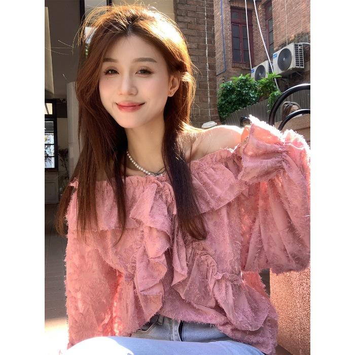 Spring and Autumn New Gentle Girl Lotus Leaf Edge Niche Chiffon Shirt Women s Shoulder Design Top S розовый