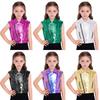Unisex Kids Shiny Metallic Turn Down Collar Jacket Vest Sleeveless Outerwear