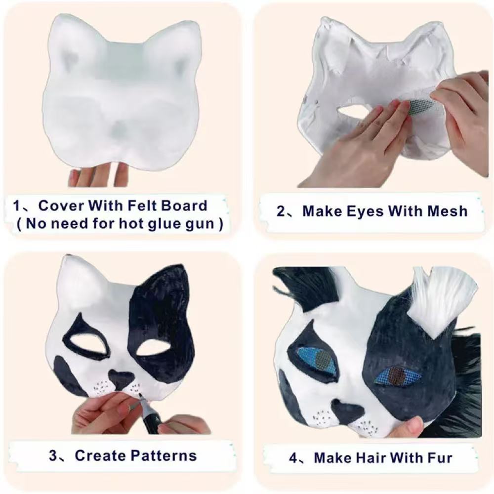 29pieces/set DIY Mask Kit Blank Cat Mask with Plush Faux Fur Eye Mesh Mask Crafting Masquerade Mask Birthday Halloween Party Decor