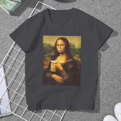 Mona Lisa Dinking Women Clothing Beer Lover Gift Graphic Unisex Tshirts Vintage Alternative Loose Tops Kawaii Girls Streetwear