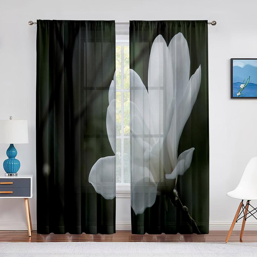 Weißer transparenter Vorhang mit Magnolienblumenmuster für Wohnzimmer, Küche, Fenster, Schlafzimmer, Dekoration, Blumen-Voile, zum Aufhängen, eleganter Tüllvorhang