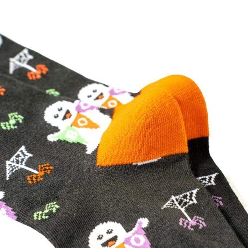 Halloween Themed Cotton Socks Elastic Cuffs Breathable Fabric Practical Wear Festive Ghosty Pumpkin Patterns