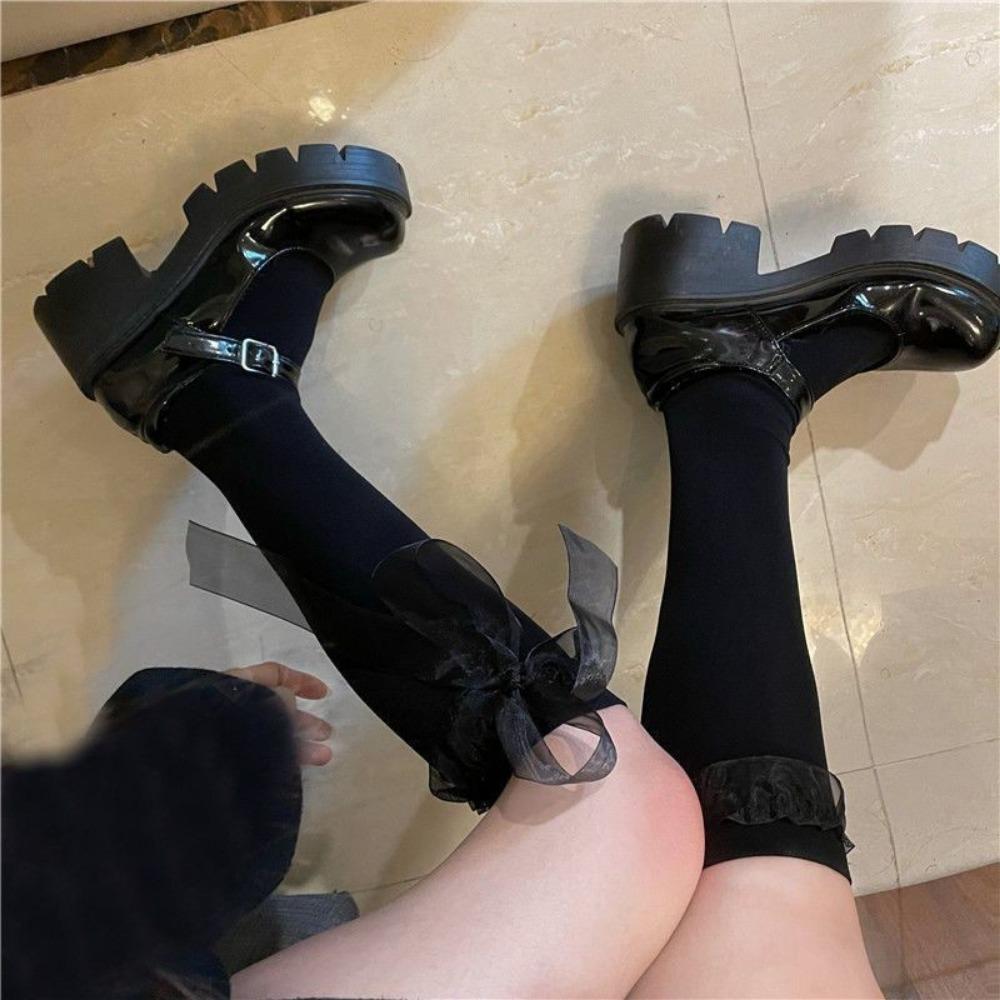 Black Streamer Half-length Stockings Women's Thin Summer Cute Medium Tube Calf Socks Lolita Bow Jk Long Socks