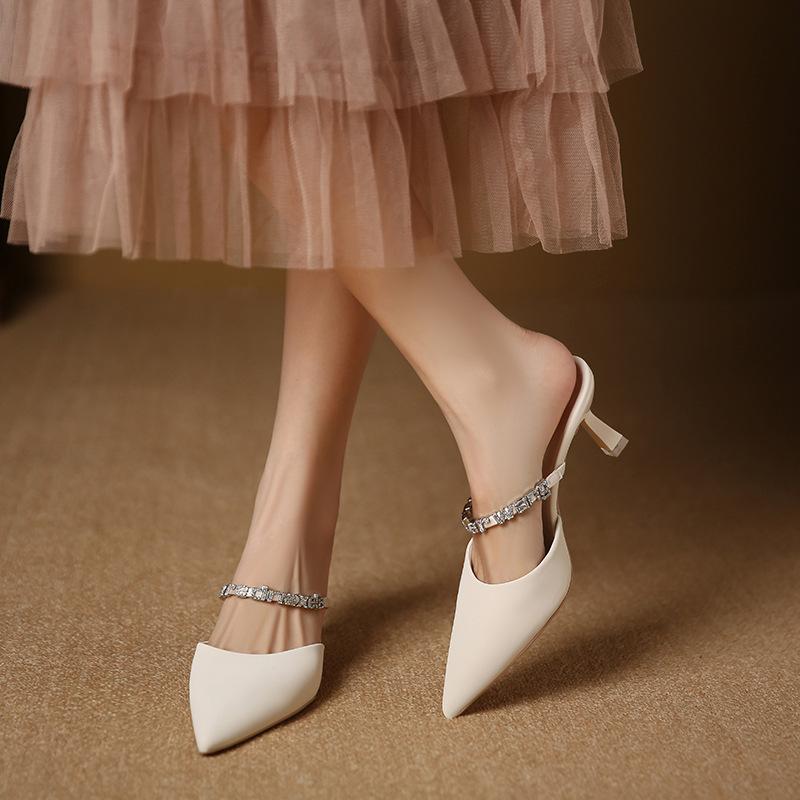 699-19 Baotou Half-drag Sandals Women's 2025 New Temperament Rhinestone Outer Wear High Heels Pointed Thin Heels Women's Shoes