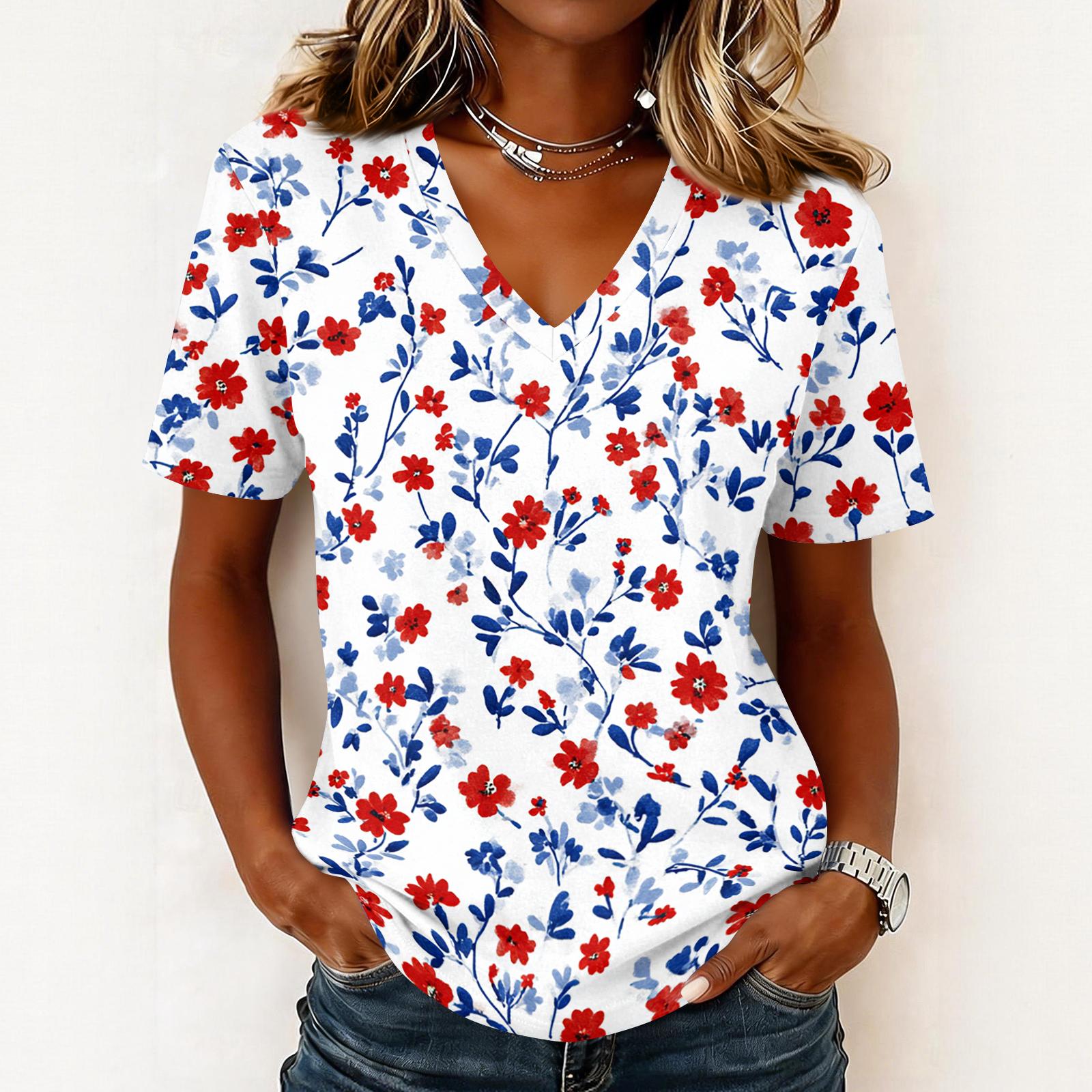 Women s fashionable casual short-sleeved floral print V-neck pullover top L