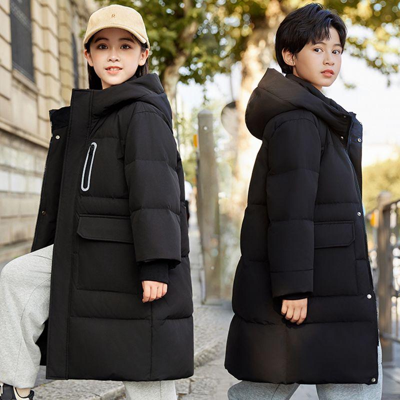 

Детская модная пуховая куртка, средней длины, утолщенное пальто для девочек и мальчиков, зимнее 160 чёрный