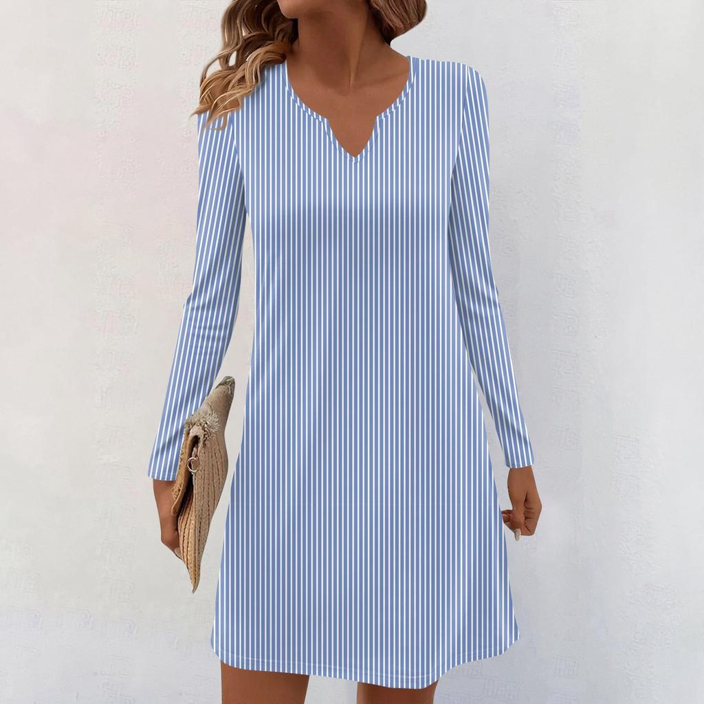 Women's Long-sleeved Casual Midi Dresses V-Neck Print  Casual Dress