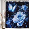1Pc Exquisite Butterfly & Rose Shower Curtain With Hooks - Elegant Blue Floral Design On Dark Background, Durable Polyester Fabr