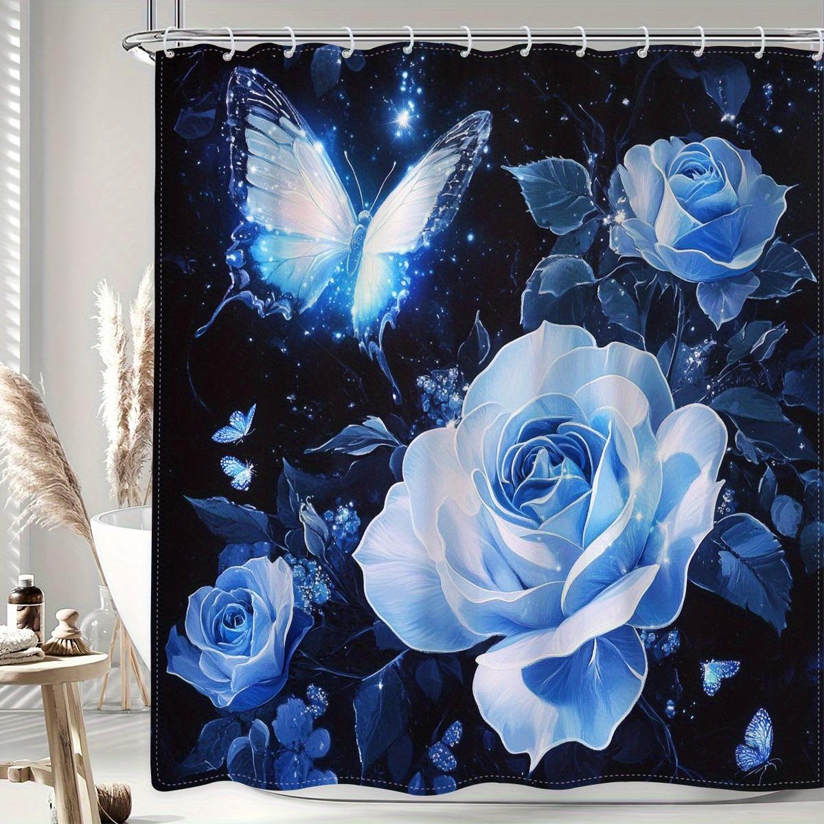 

1Pc Exquisite Butterfly & Rose Shower Curtain With Hooks - Elegant Blue Floral Design On Dark Background, Durable Polyester Fabr W60H190(CM)-1 Pcs