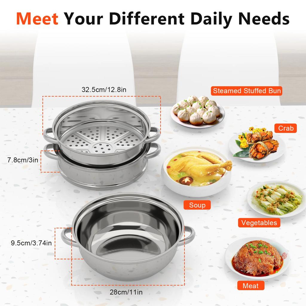 Steamer for Cooking, Stainless Steel Steamer Pot, Food Steamer 11'' Steam Pots with Lid 3-tier for Cooking Vegetables, Seafood