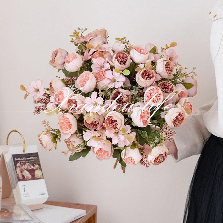 Artificial Flowers Tea Bud Rose Peony Wreath Wedding Wall Bridal Bouquet Home Room Table Garden Diy Gift Archway Decoration prop